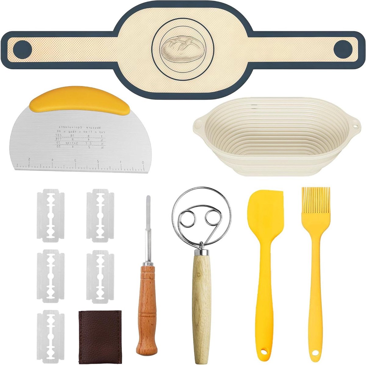 Zuurdesem Starterset - Broodbakset Rijsmand - Zelf Brood Bakken - Compleet met 7 Accessoires - 11 inch Ovaal - Beige