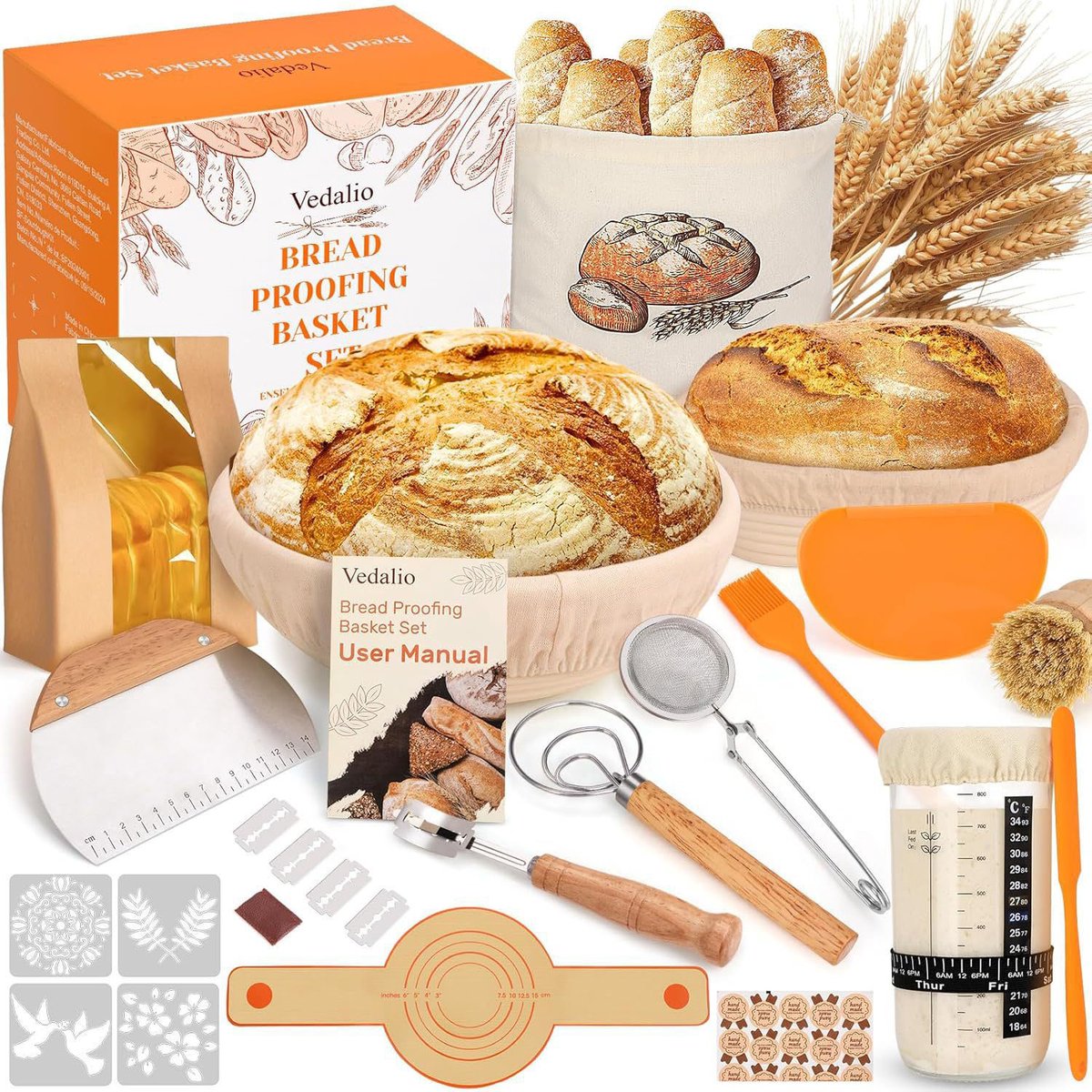Rijsmand set voor zuurdesembrood - Ronde en ovale banneton met starterpot, deegschraper, deegmes en bakaccessoires - Complete broodbakset voor thuis