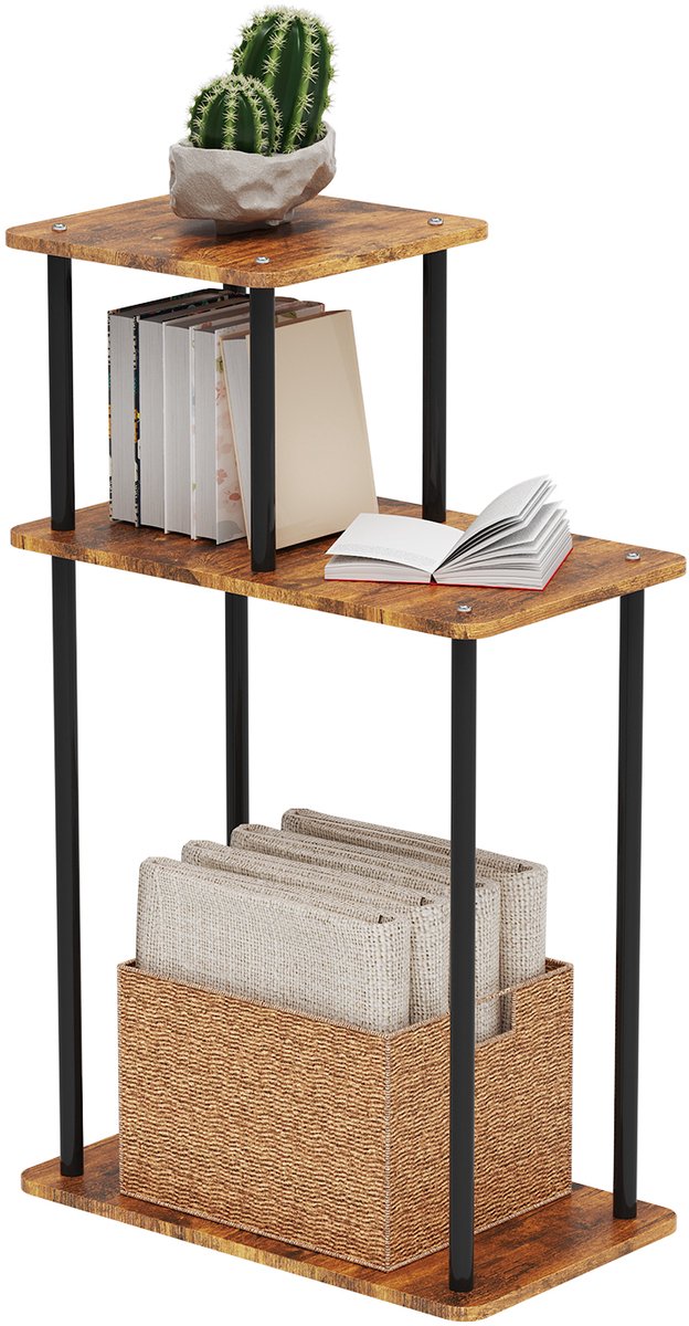 PIPIPOXER Bijzettafel - Tafeltje- Kleine Salontafel - Tafel Industrieel - Drielaags ontwerp- Nachtkastje-Bijzettafel hout l - Banktafel - 40x24x67 cm -Verbrande houtkleur