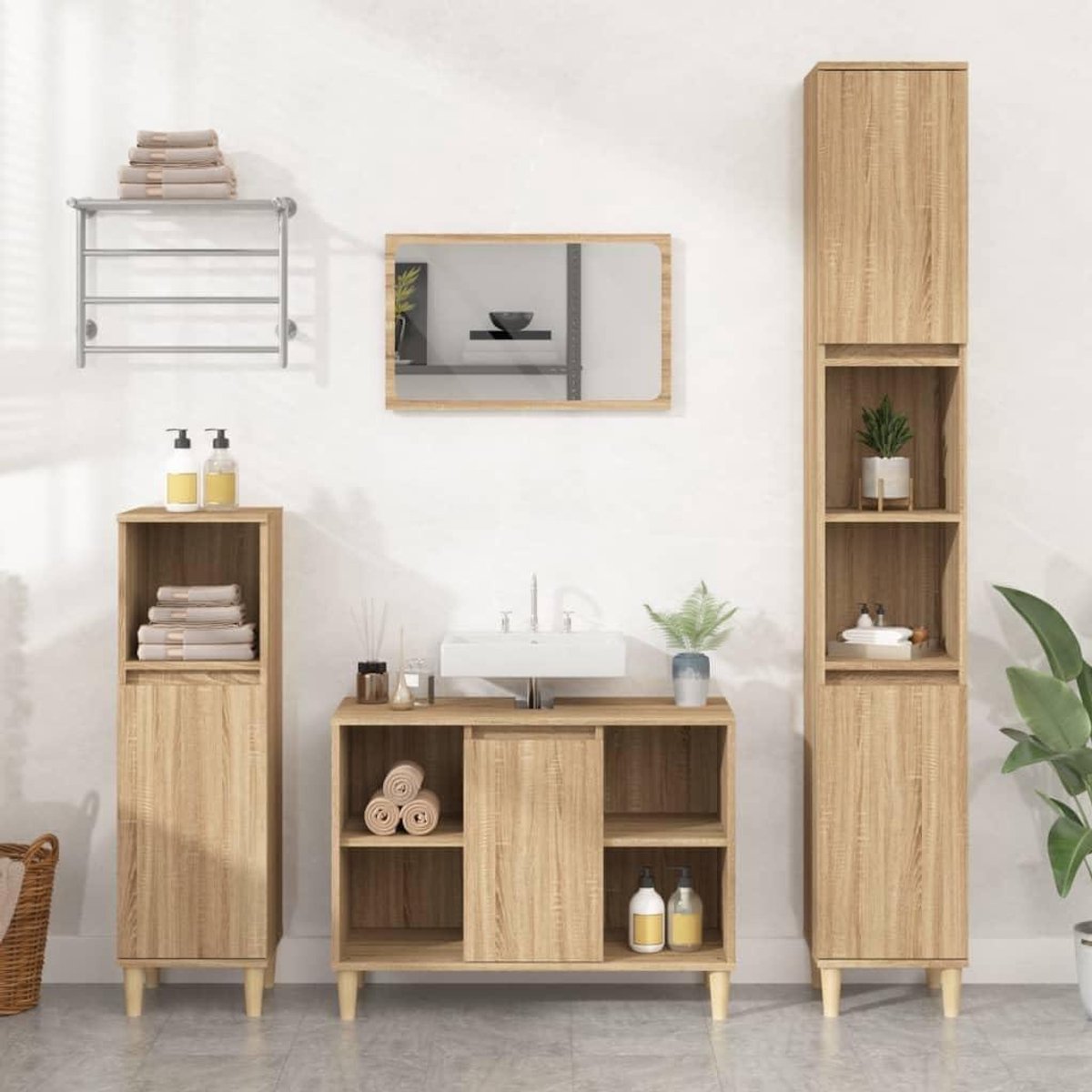 Badkamerkast Onder Gootsteen - Wastafelmeubel - Badkamer Opbergen - Met Houten Poten - 80x33x60cm - Sonoma Eiken