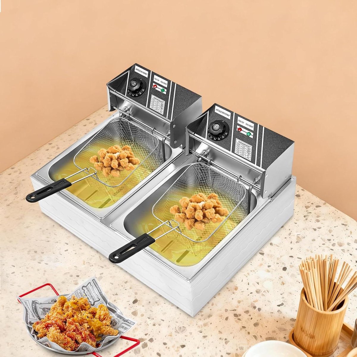 Elektrische Frituurmachine - Dubbele Friteuse - Professioneel Frituren - Snelle Verwarming - 2x 6 Liter - Zilver