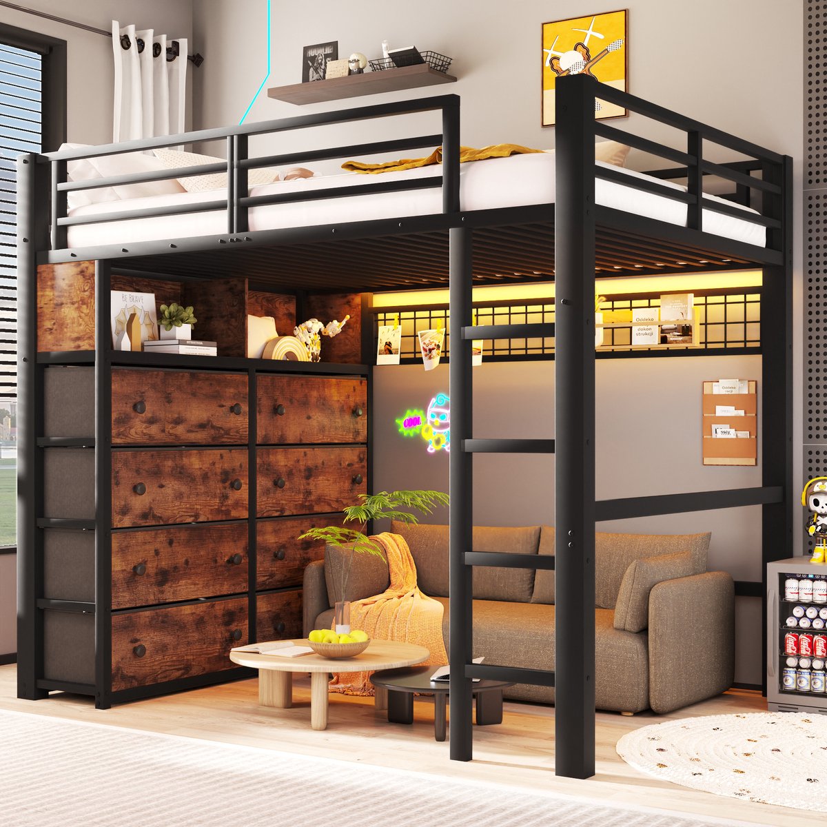 Metalen Kinderhochbed 140x200cm met LED-verlichting en 8 laden - Zwarte Stijl