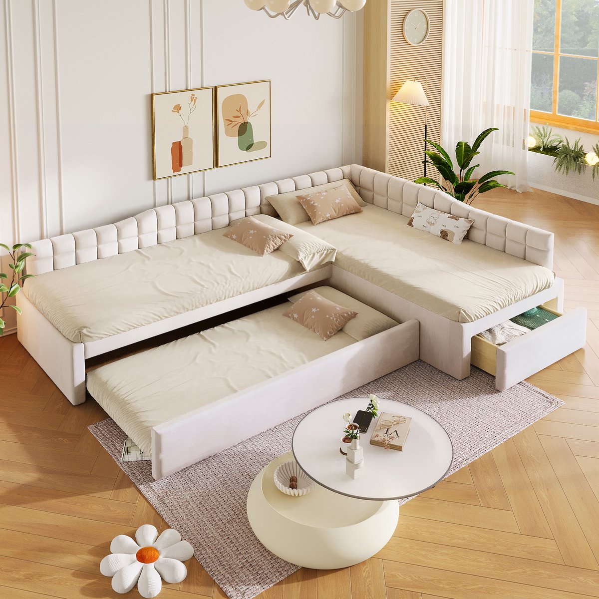 Beige L-vormige Polsterbed met Opbergbed en Schuifladen - 200x90 cm - Flanellen Bekleding