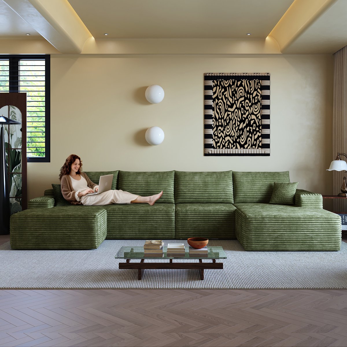 Modulaire Hoekbank 340 cm - 5 Zits Loungebank Met Chaise Longue - Ribstof Wolkenbank Met Extra Diepe Zit - Zachte Lounge Sofa Zonder Montage - Moderne Bank Voor Woonkamer Appartement - Groen