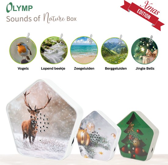 Olymp Sound of Nature Box kersteditie met vijf cirkelvormige afbeeldingen van natuur en kerst, en drie pentagonale boxen met natuur- en kerstmotieven.
