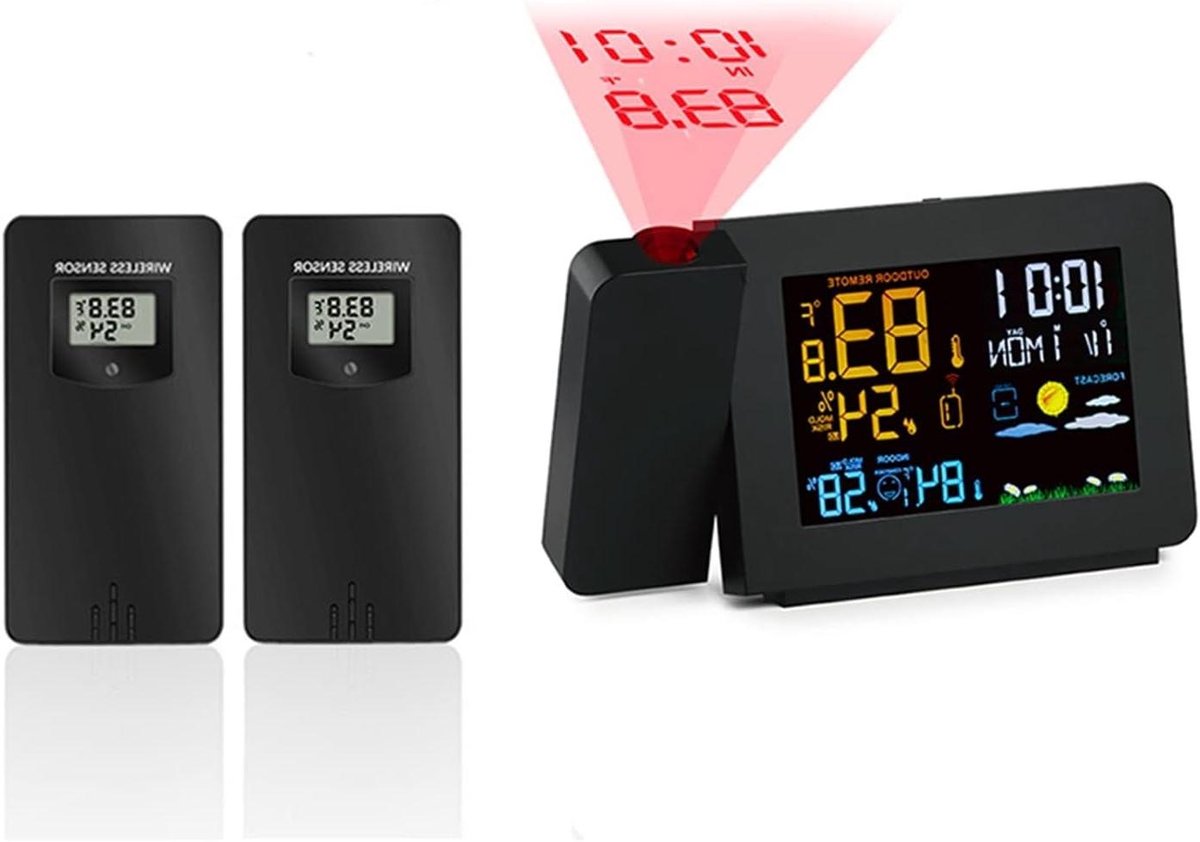 Weerstation met Projectie - Digitale Wekker Buitensensor - Weersvoorspelling Thuis - Kleurrijk LCD Scherm - 200 voet Bereik - Zwart