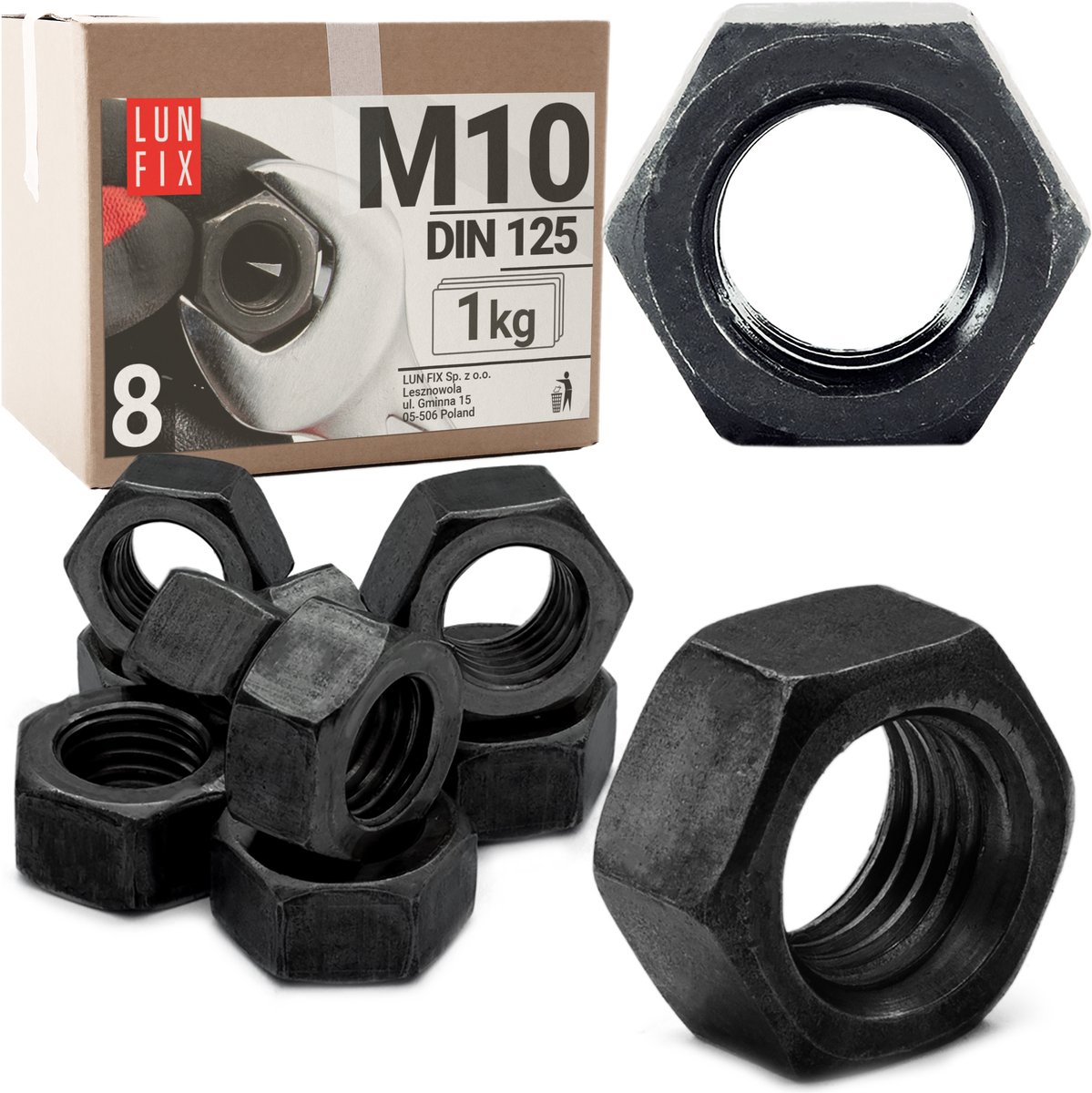 LUN FIX - Zeskantmoer M10 zwart - 1 kg (ca.90) - DIN 934 - Sterkte 8 - Verzinkt staal