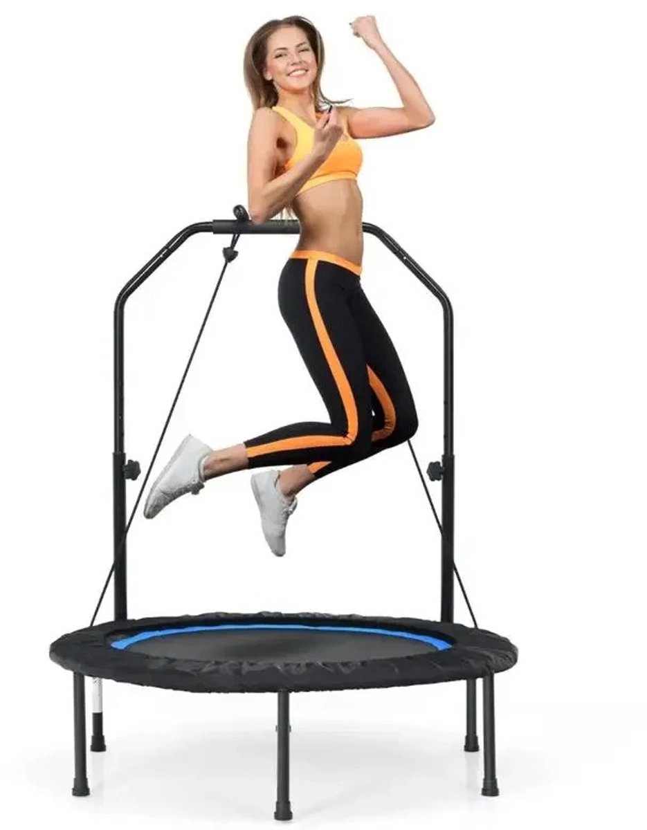 Kleine- Mini Trampoline met Beugel en Weerstandsbanden - Opvouwbaar - 4 Hoogtes Verstelbaar - 150 kg - Voor Volwassenen en Kinderen - Blauw