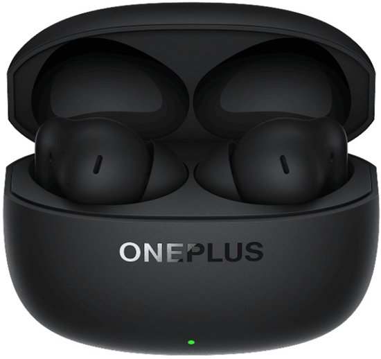 Zwarte OnePlus Nord Buds met open oplaadcase en zichtbare oordopjes.