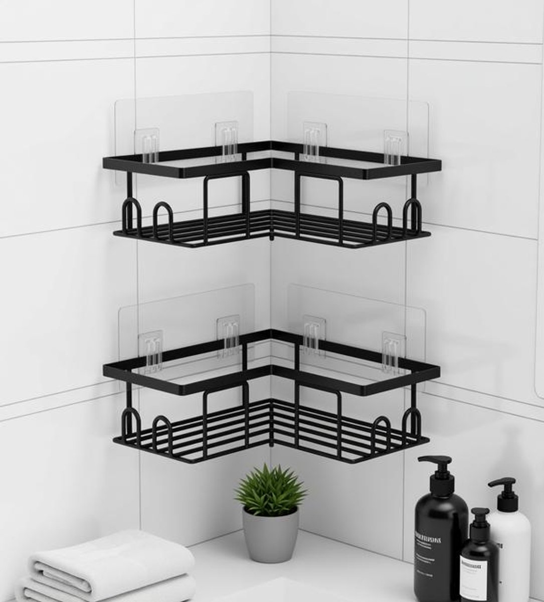 Doucheplank Zonder Boren, Zelfklevend Hoekrek voor Douche – 2 Stuks, Badkamer Opslag, Shampoohouder, Zwart