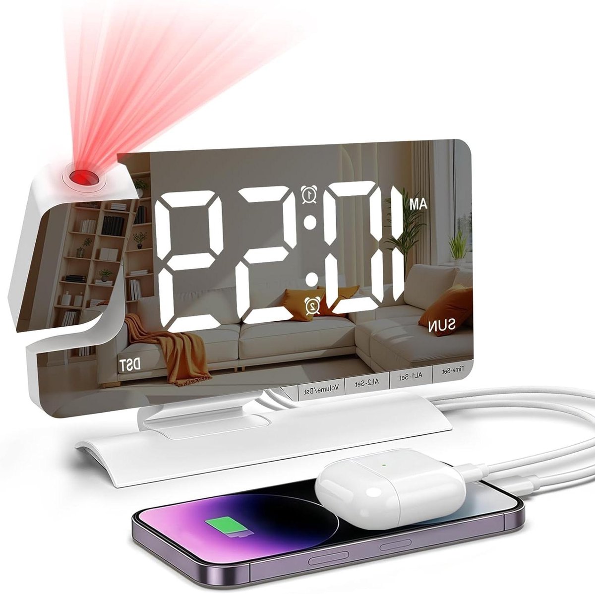 Wekker met Spiegel - Digitale Klok - Tijd Weergeven - HD Projectie 180° - 7.5 Inch Scherm - Wit