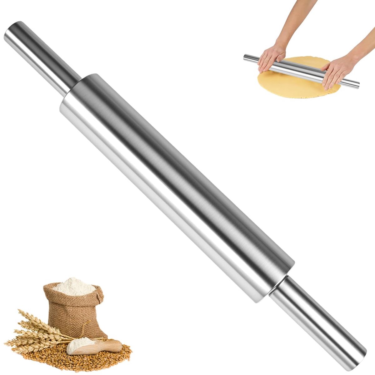 Deegroller van roestvrij staal, Ø 5 x 43 cm, roestvrij staal | anti-aanbak, draaibare deegroller, deegroller met handvat, voor knoedels, fondant, cake, pizza, brood, deeg, kruimeldeeg