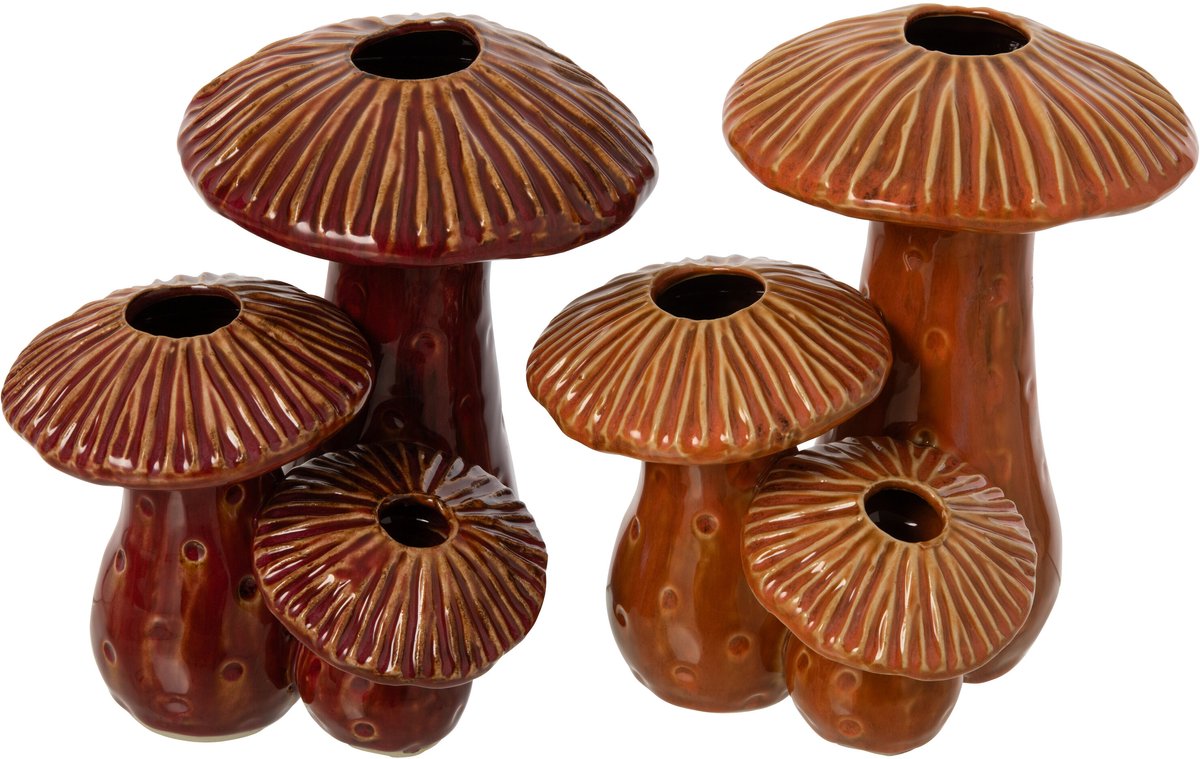 J-Line Vaas Mushrooms - steengoed - roest/oranje - large - assortiment van 2 Bruin
