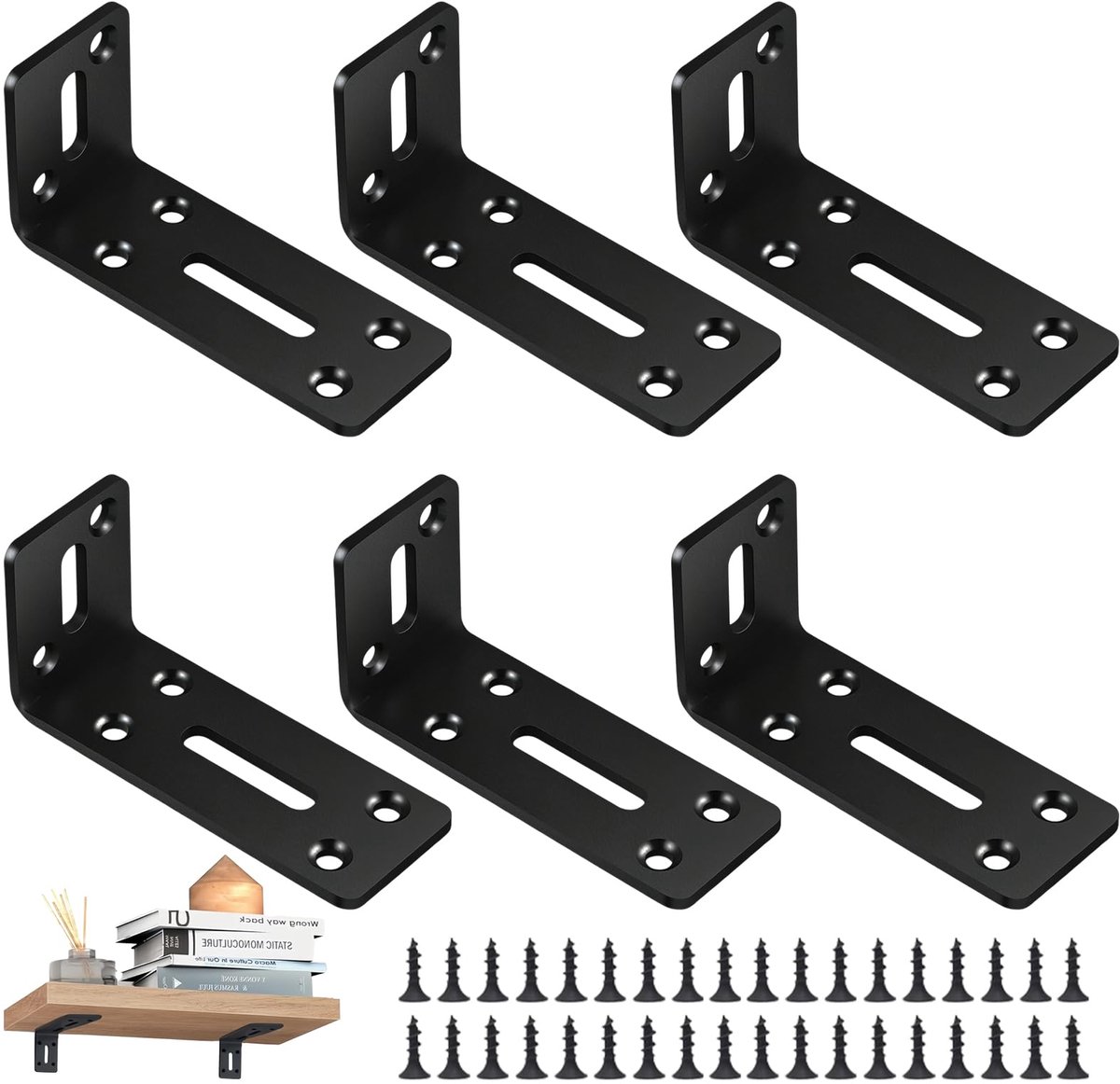 6 stuks verstelhoek 80 x 40 mm, L-vorm 90° verdikte hoekverbinder, verstelbare bevestigingshoek met 2 lange gaten, zwarte gatenhoek, voor kasten en tafels