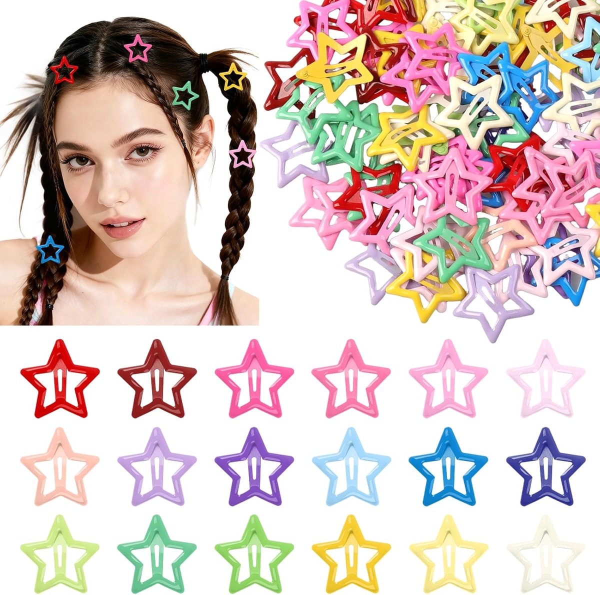 Haarspelden, kleurrijke haarspelden sterren Y2k haaraccessoires, 3,1 cm metalen pentagram haarclips, antislip haarklemmen met uitgeholde sterren, schattige haaraccessoires voor