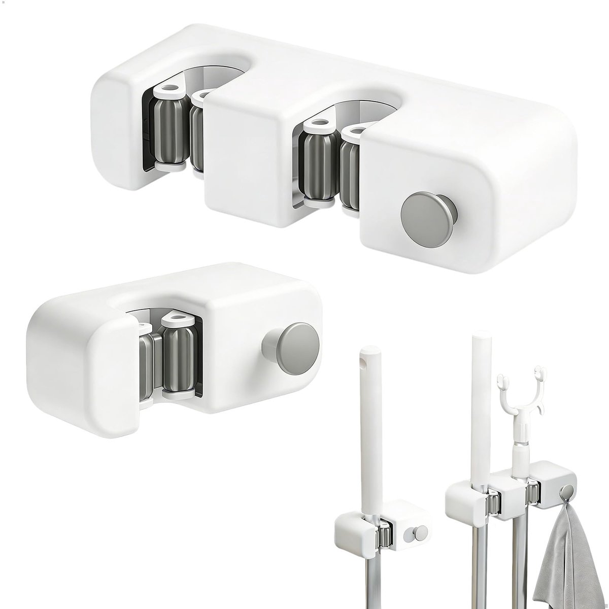 Bezemhouder voor aan de muur, bezemhouder, apparaathouder, enkele en dubbele clipset met haken, boorvrije montage, twee stuks per set, geschikt voor kamers, badkamers, balkons en