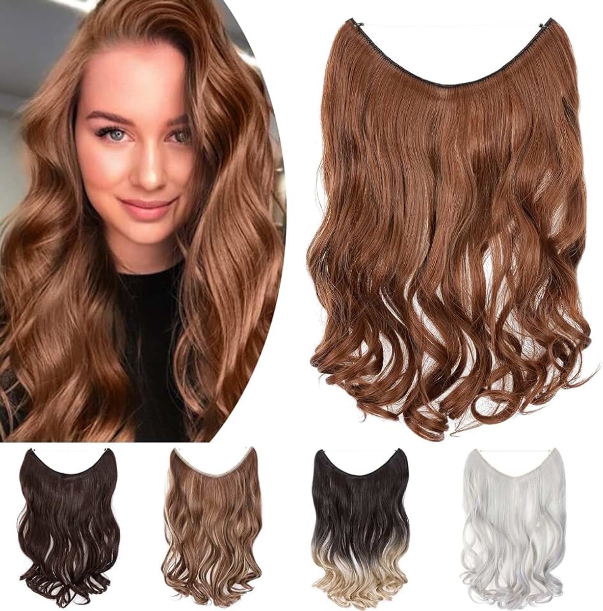 Haarextensies, 50 cm, 1 vlecht, haarverlenging, haarstukje met onzichtbare draad, onzichtbaar gegolfd, koffiebruin, mix, lichtbruin