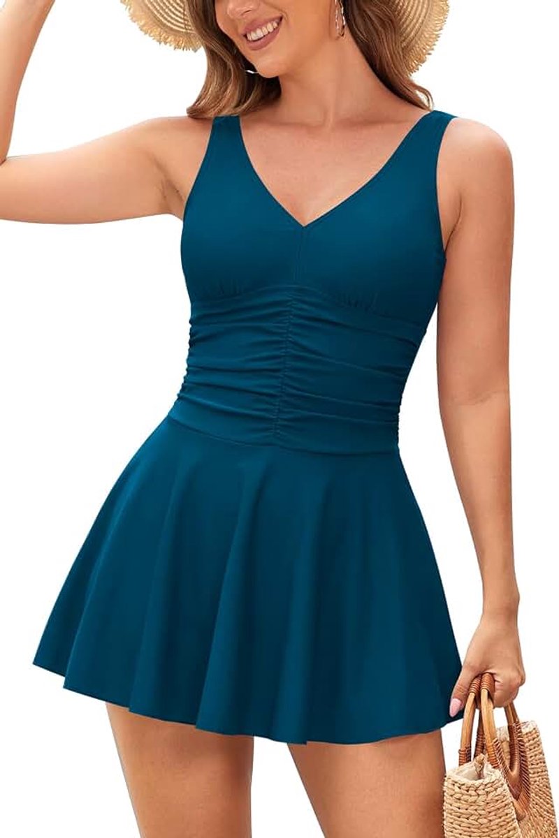 Eendelig figuurcorrigerend badpak voor dames, met V-hals, zwemjurk, elegant, retro, buikcorrectie, rugvrij, strandbadpak