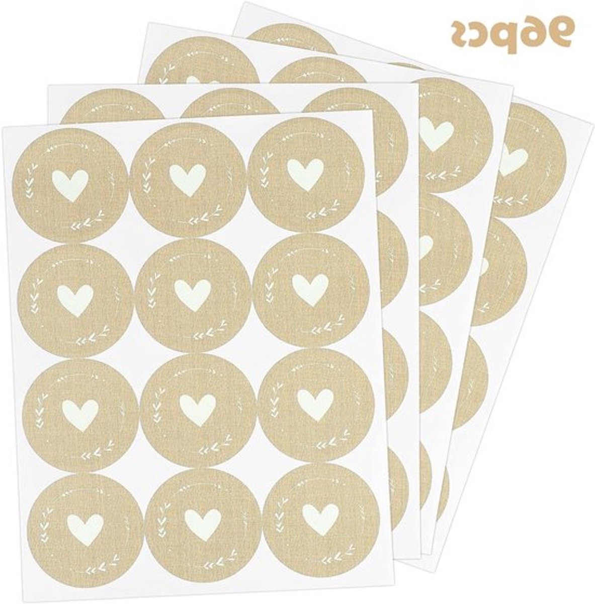 Ronde Kraft Papieren Cadeau Stickers 5 cm - 96 Stuks Zelfklevende Labels voor Enveloppen, Jampotten en Bruiloften met Hart en Jute Look