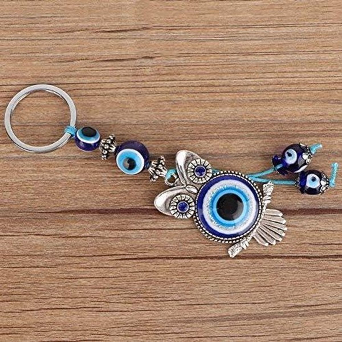 Uil Sleutelhanger Blauw Turks Glas Amulet 11 cm Decoratieve Tashanger Portemonnee Handtas