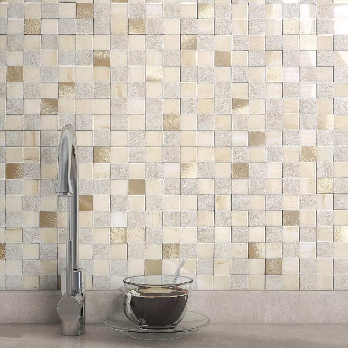 Vierkante mozaïek stok op wandtegels marmeren spatwand zelfklevende panelen voor keuken badkamer (beige goud, 10 vellen)