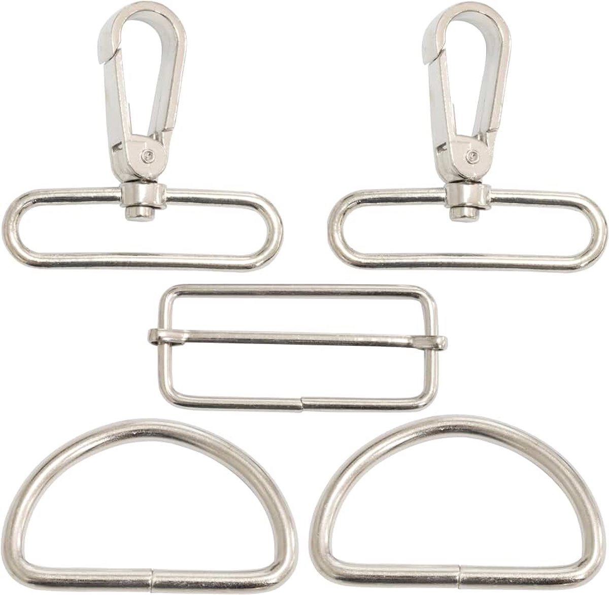 - Set van 2 360° draaibare karabijnhaken met draaigewricht + 2 halve D-ringen Ø5 mm + 1 verstelbare schuifgesp | banddoorvoer 50 mm | van zilverkleurig metaal