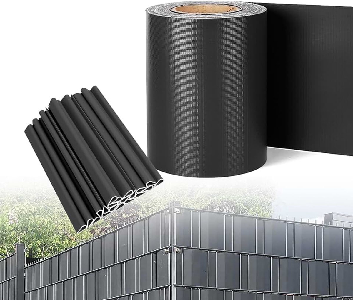 PVC Privacy Stroken Schutting Privacy Scherm Incl. 60 Bevestigingsclips voor Enkele en Dubbele Staafmatten Weer- en Winddichte Privacyfolie voor Tuinafscheiding Balkon (130M x 19CM, Antraciet)