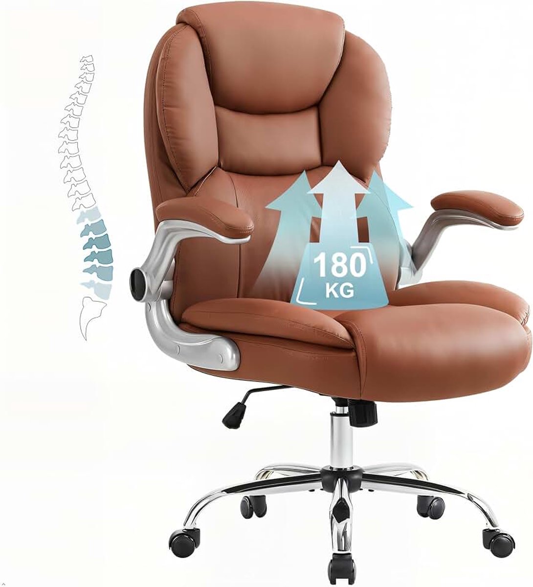 Executive Bureaustoel, Ergonomische Grote en Hoge Computerbureaustoel, Hoge Rugleuning PU Leren Stoel met Gewatteerde Opklapbare Armleuning, Lendensteuning Draai Rollende Stoelen (Bruin)