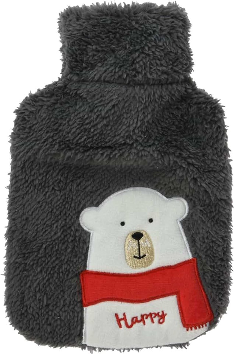 Warmwaterkruik met wollige zachte pluche hoes en schattig diermotief borduurwerk, 28 x 18 cm 0,85 liter (ijsbeer)