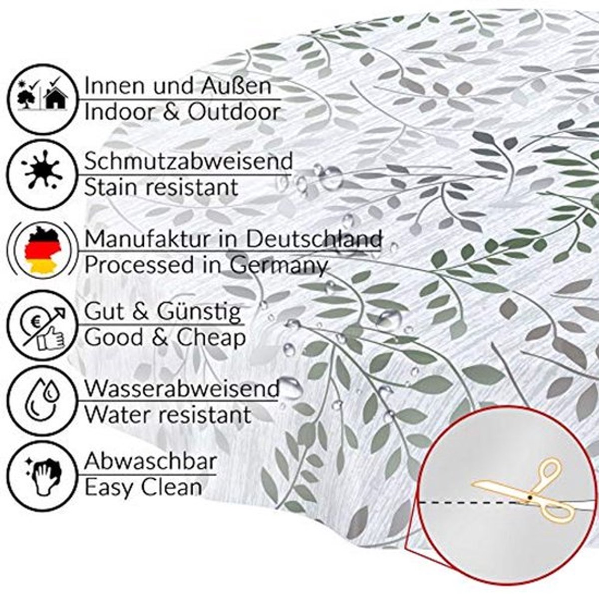 Afwasbaar tafelkleed voor binnen en buiten - rond, ovaal, rechthoekig, bladeren, zilver/groen, 120 cm