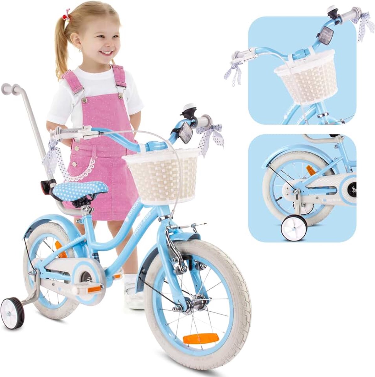 Bike Fiets voor een meisje van 2 tot 6 jaar, 12, 14, 16 inch, met fietsbel, zijwieltjes, duwstang en stuurmandje