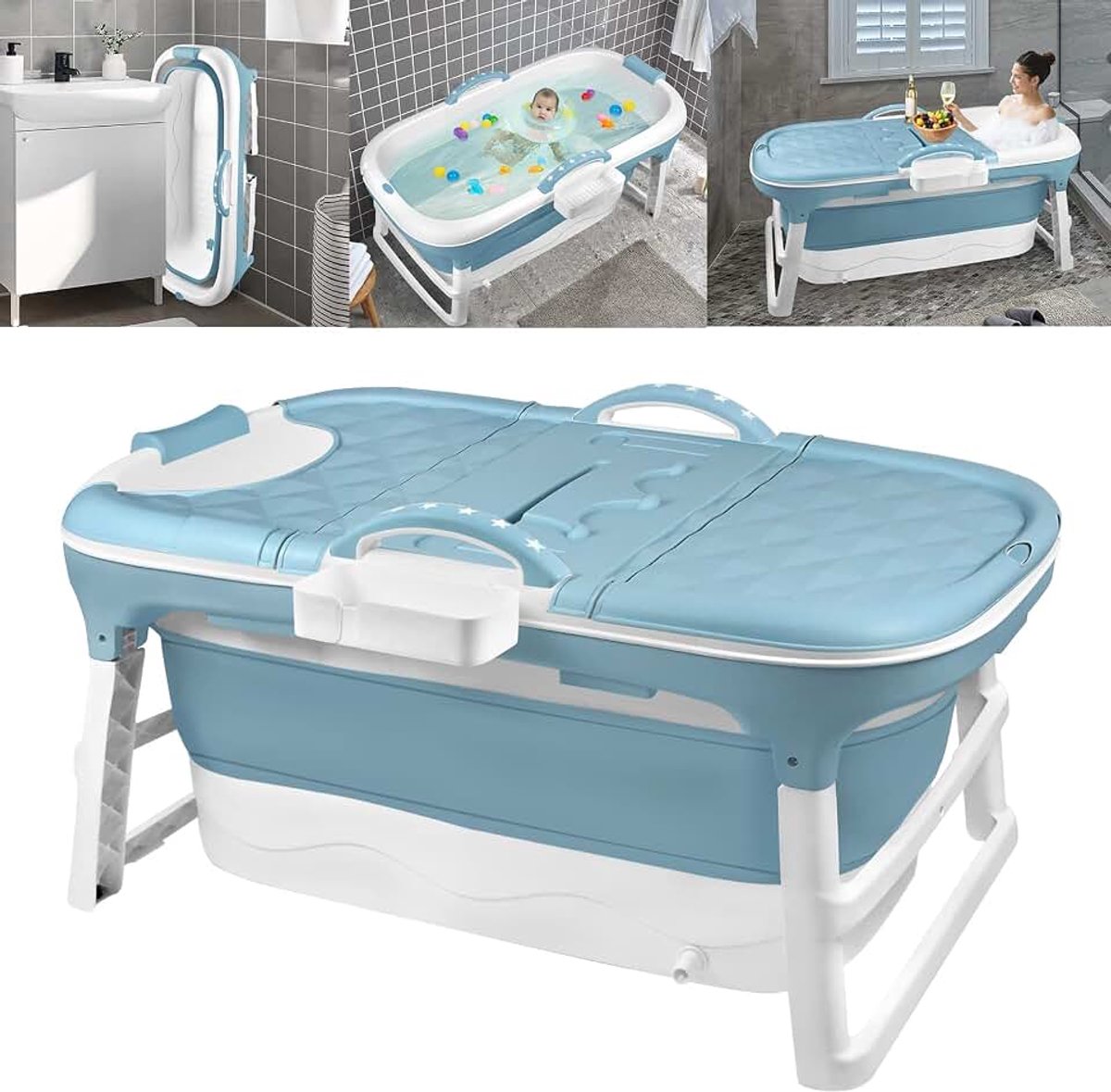 Opvouwbaar bad XL 112 x 62 x 52 cm, ideaal voor badkamer, douche en balkon, met deksel en massagerollers, zeepmand, dik plastic draagbaar bad - blauw