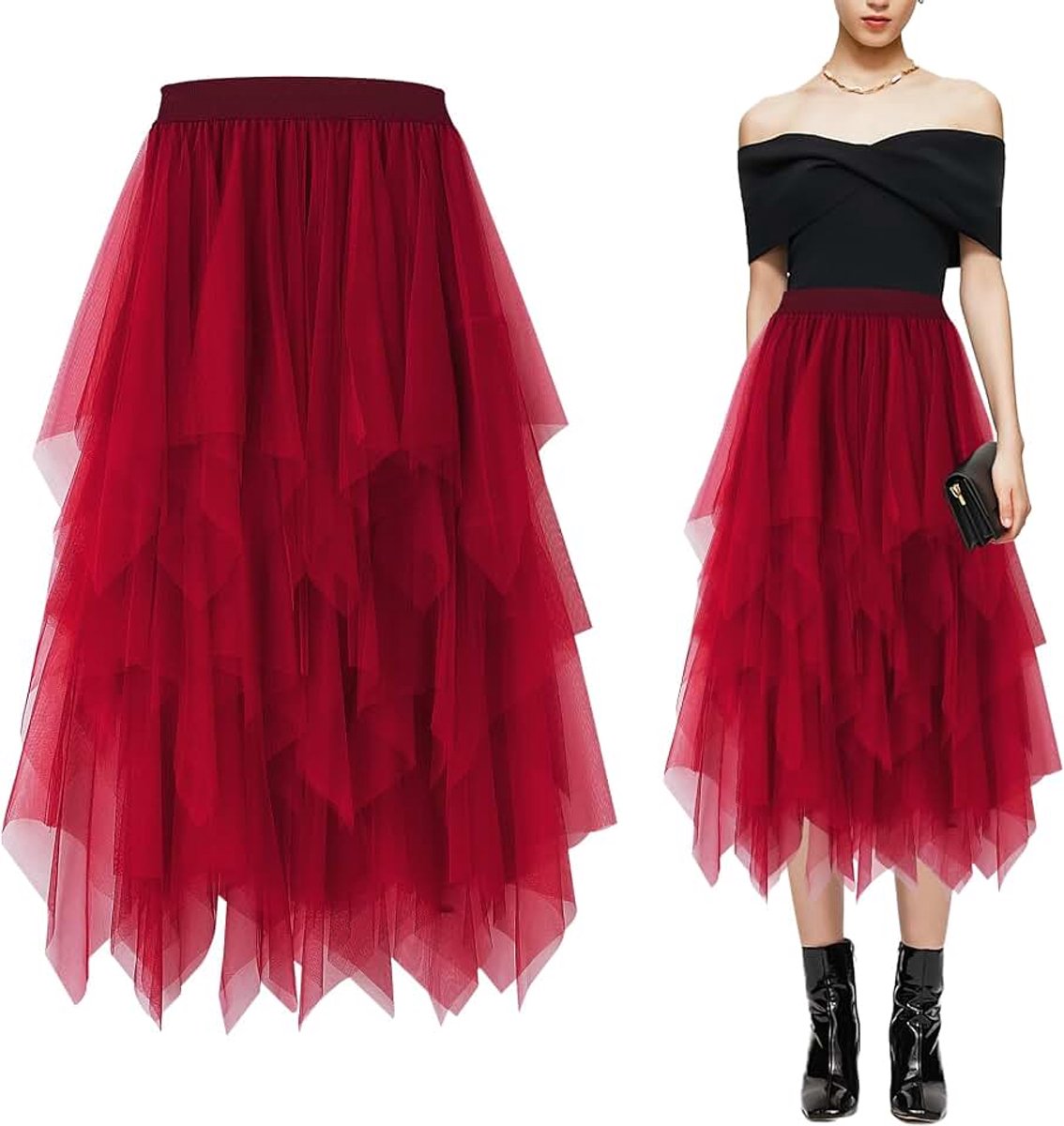 Rok voor dames, elastisch, onregelmatige mesh, plooirok, carnavalskostuum, elegante hoge taille, tule rok, A-lijn, tutu, midi-rok met gevoerde gelaagde rok, carnaval en feest