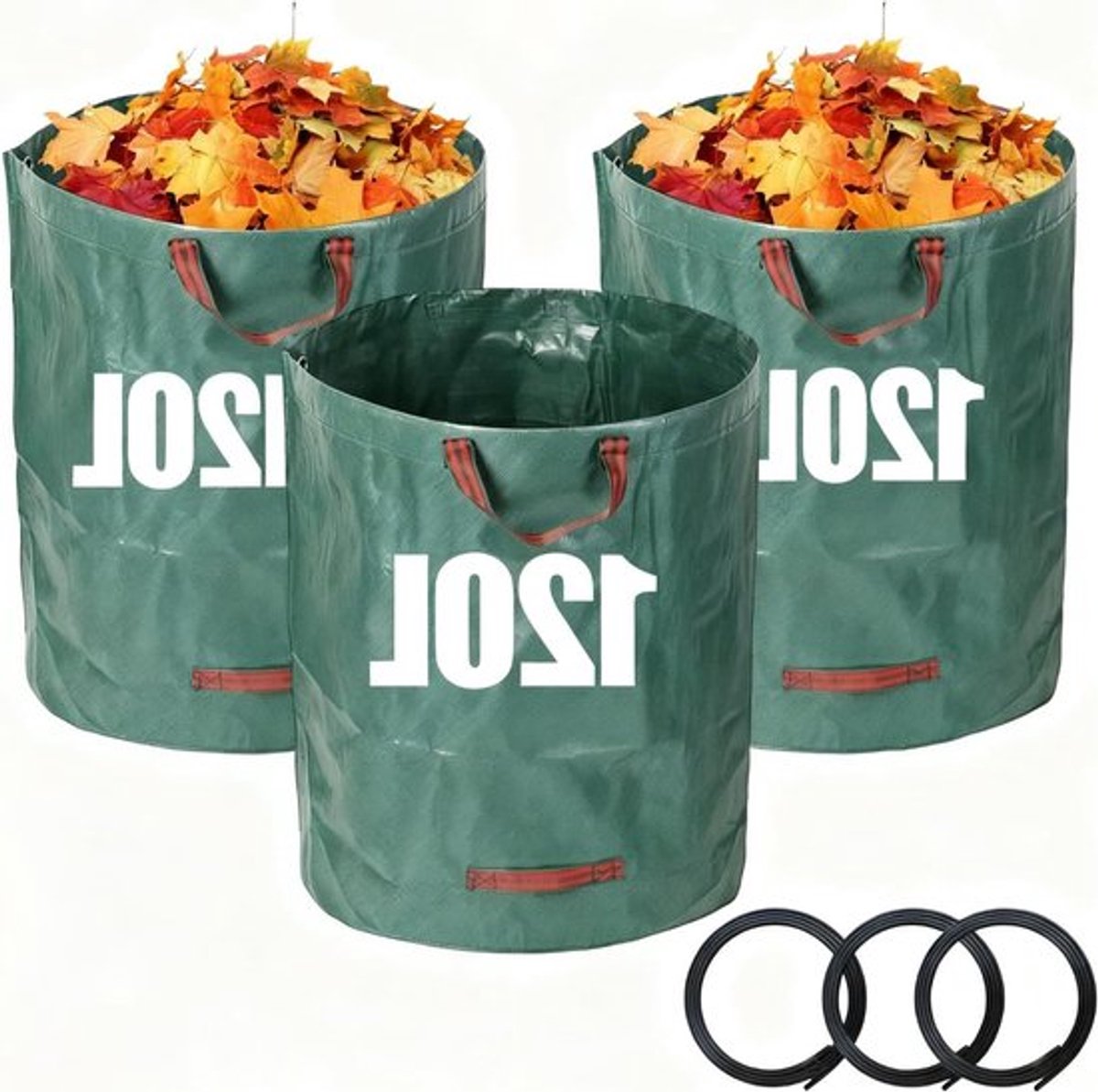 Tuinzakken voor tuinafvalopruiming, 120 liter, set van 3, groen, handgrepen, PP-materiaal