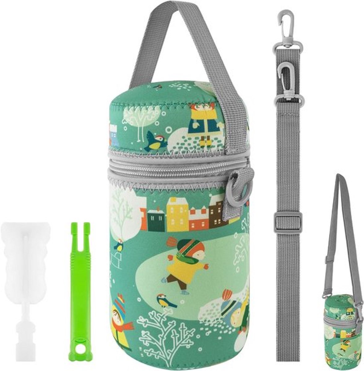 - Geïsoleerde voedselpot - Lunchtas - Draagbaar - Compact - Schoonmaakgereedschap - Thermosfles - Groen