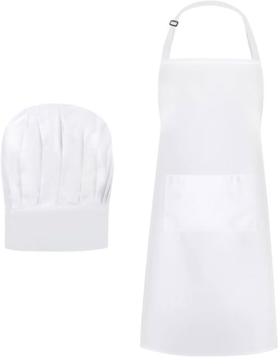 Verstelbare Bib Schort met Koksmuts, Kookschort voor Mannen en Vrouwen, Ademend Bakschort met Zakken, Wit - Keuken, Thuis, Restaurant, Hotel - 80x65 cm