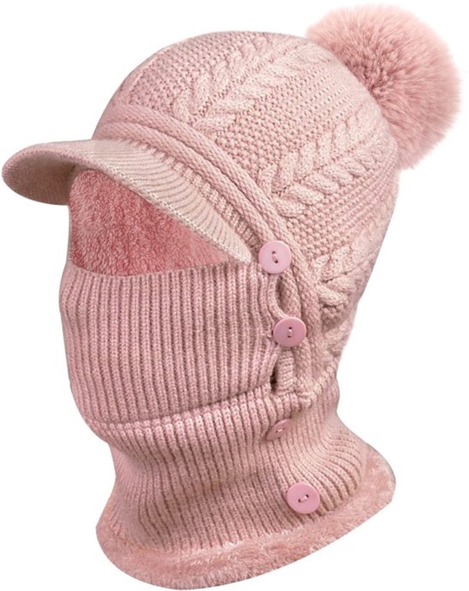 Warme gebreide muts - Flexibele wintermuts - Zachte voering - Muts met nekwarmer - Verstelbaar gezichtsmasker - Voor buiten - Dames