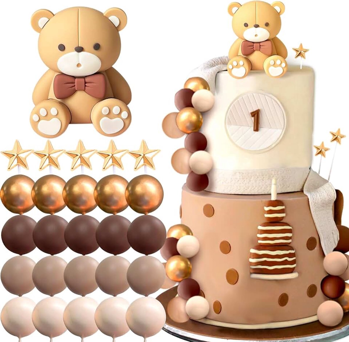 Taartdecoratie beer bruin taarttopper met bruine ballen beige | Taartdecoratie beer bruin taarttopper met bruine ballen beige decoratie beer boho decoratie verjaardag babyshower