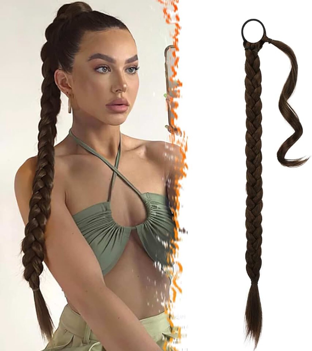 66cm Lange Gevlochten Paardenstaartverlenging met Haarband Rechte Wrap Around Hair Extensions Paardenstaart DIY Natuurlijk Zacht Synthetisch Haarstukje voor Vrouwen