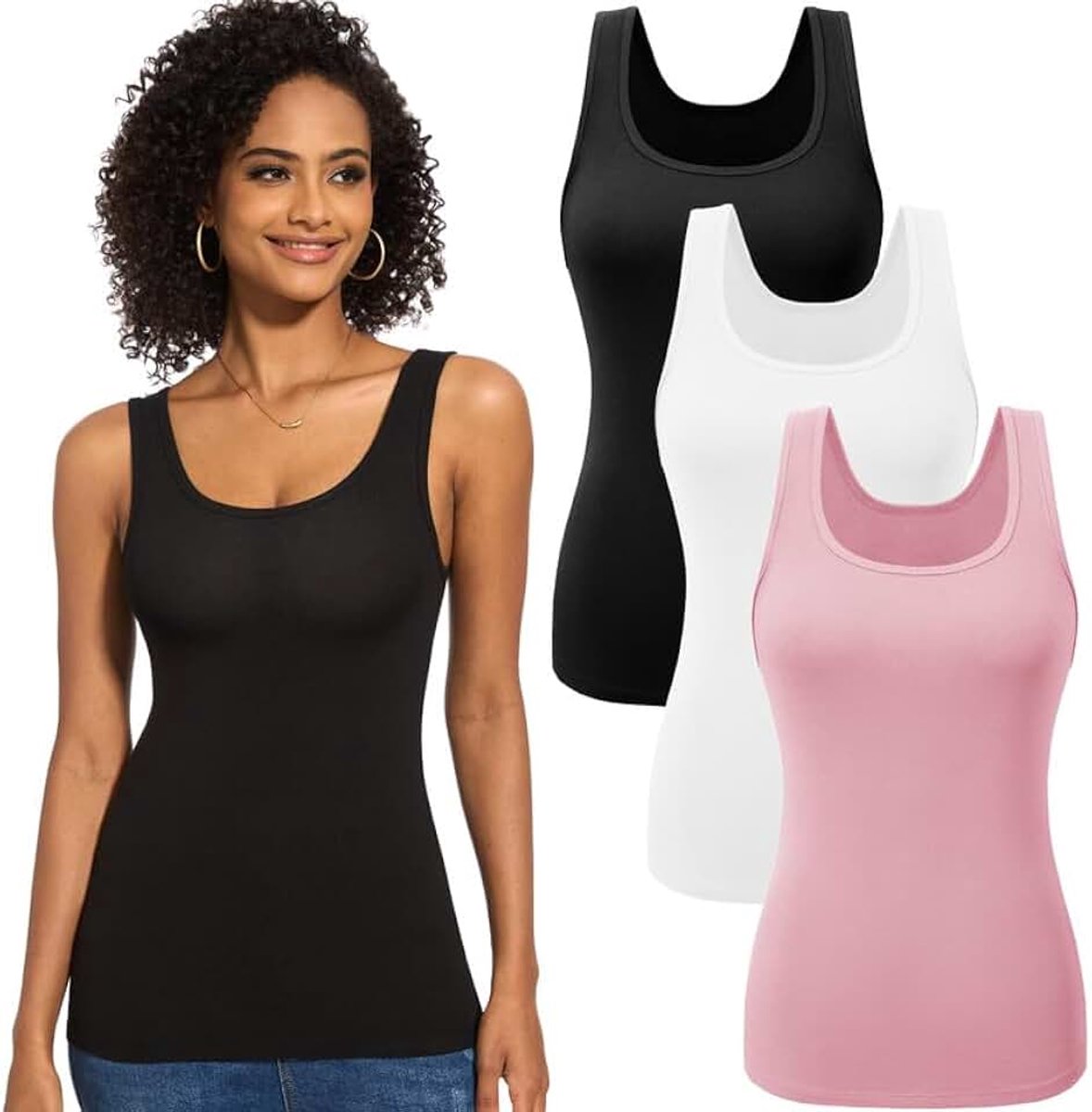 Set van 3 of 5 onderhemden voor dames, basic tanktop met U-hals, mouwloos, elastisch, slimfit, bovenstuk, effen, voor vrouwen en meisjes