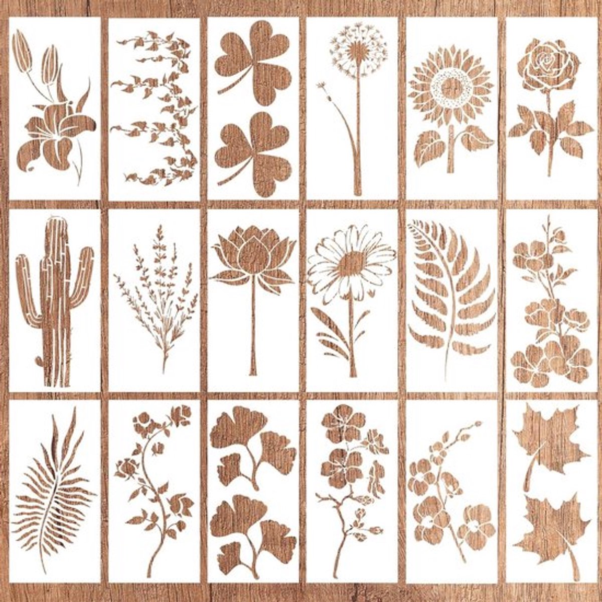Sjablonen voor schilderen - set van 18 sjablonen voor creatieve ambachten - herbruikbare kunststencils voor hout, muur, deur en doek - woondecoratie en kaarten maken - met bloemenmotieven.