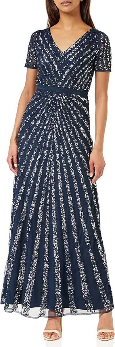 Deluxe Maxi dames verfraaid pailletten jurk lange korte mouw V-hals hoge Empire taille een cut glanzend prom bruiloft bruidsmeisje