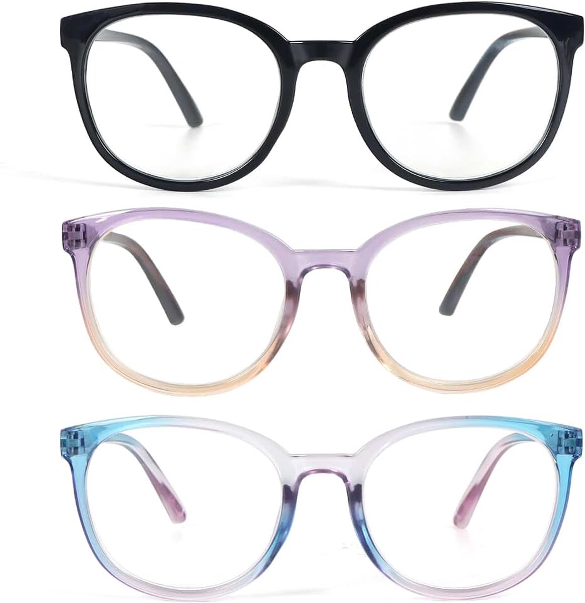 3 stuks ronde leesbrillen voor dames, blauw, black-out, veerscharnierende lezer