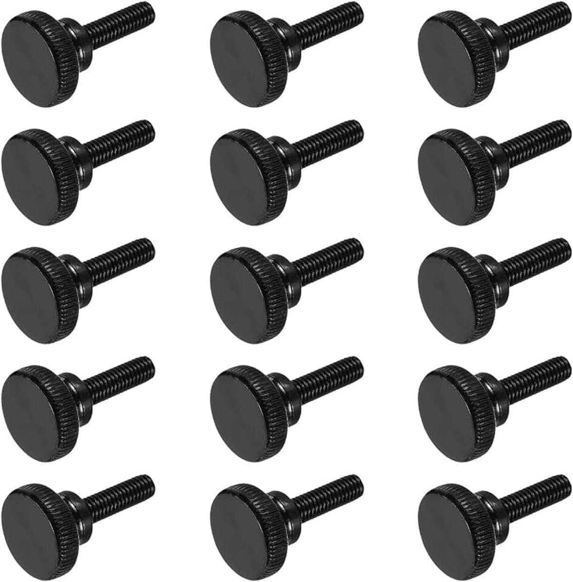 15 stuks M6 x 20 mm kartelknopenschroeven, zwart staal, platte kop, kartelschroeven, metrische kartelschroeven met schoudergreepknoppen, handaantrekkende schroefdraadbevestiging