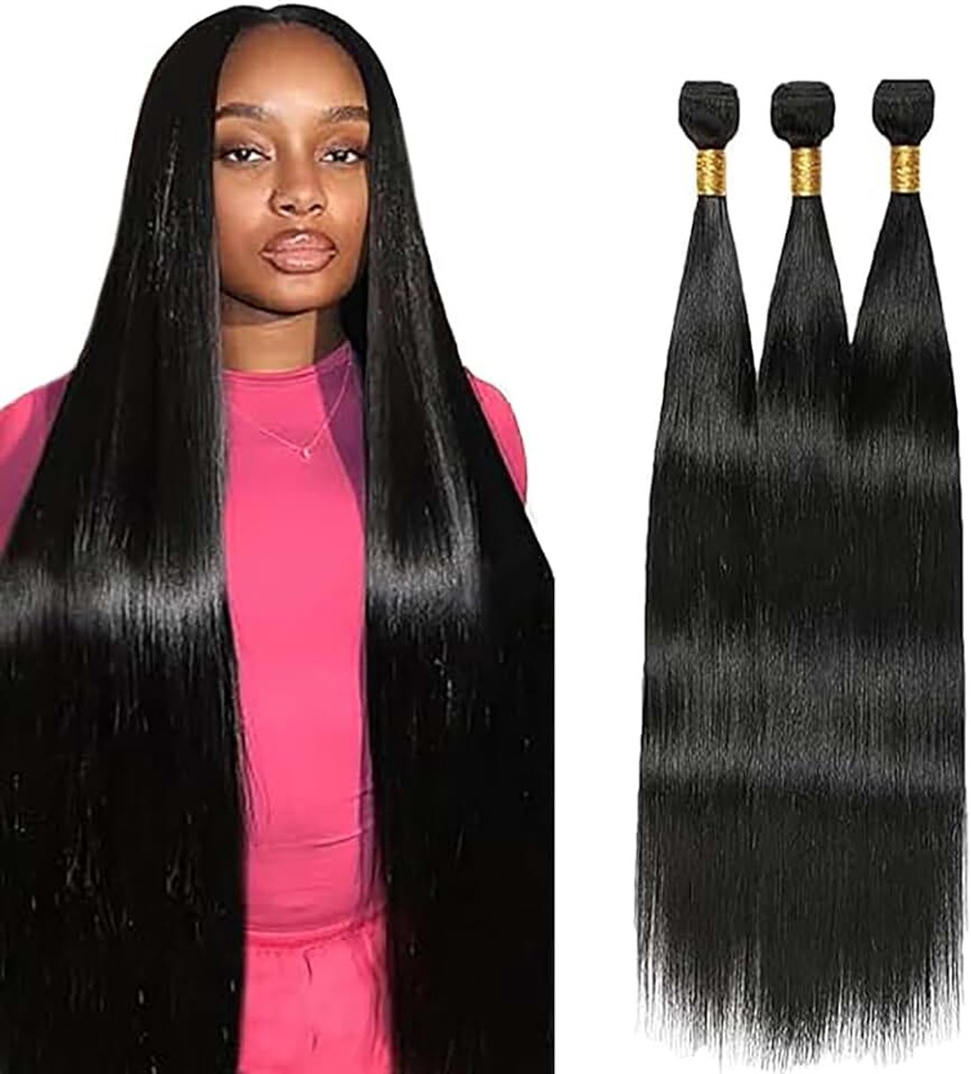 Straight Human Hair Bundles Unprocessed Human Hair Extensions Double Weft Weave 3 Bundles 50g/Piece #1B Natural Black Color for Woman 14 16 18 Inch