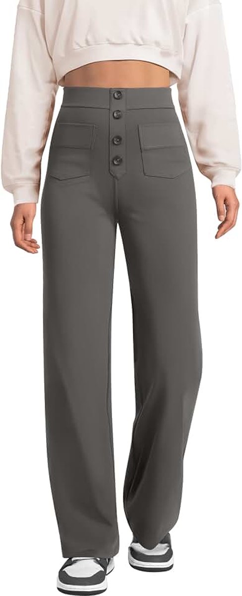 Brede broek dames hoge taille sportbroek knoop rechte broek met zakken elastische vrijetijdsbroek
