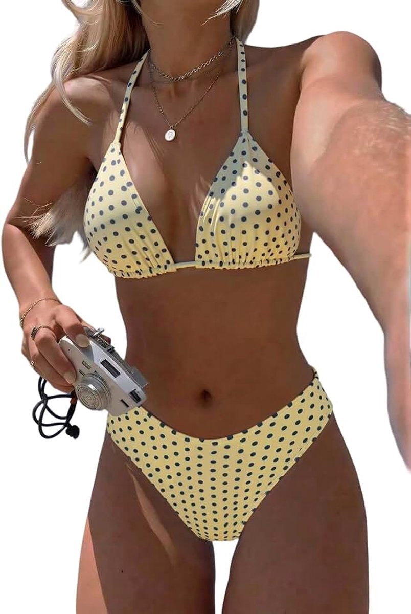 Dames bikiniset met polka dots tweedelige driehoek bikini halter hoge taille bikinibroek zonder beugel zomer strandmode