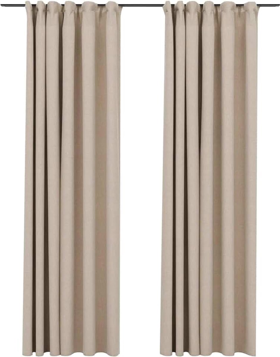 2 x verduisteringsgordijnen, met haken, verduisteringsgordijn, plooiband, thermogordijn, ondoorzichtig, gordijnen, linnenlook, beige, 140 x 225 cm (b x h), stof met linnenlook, beige