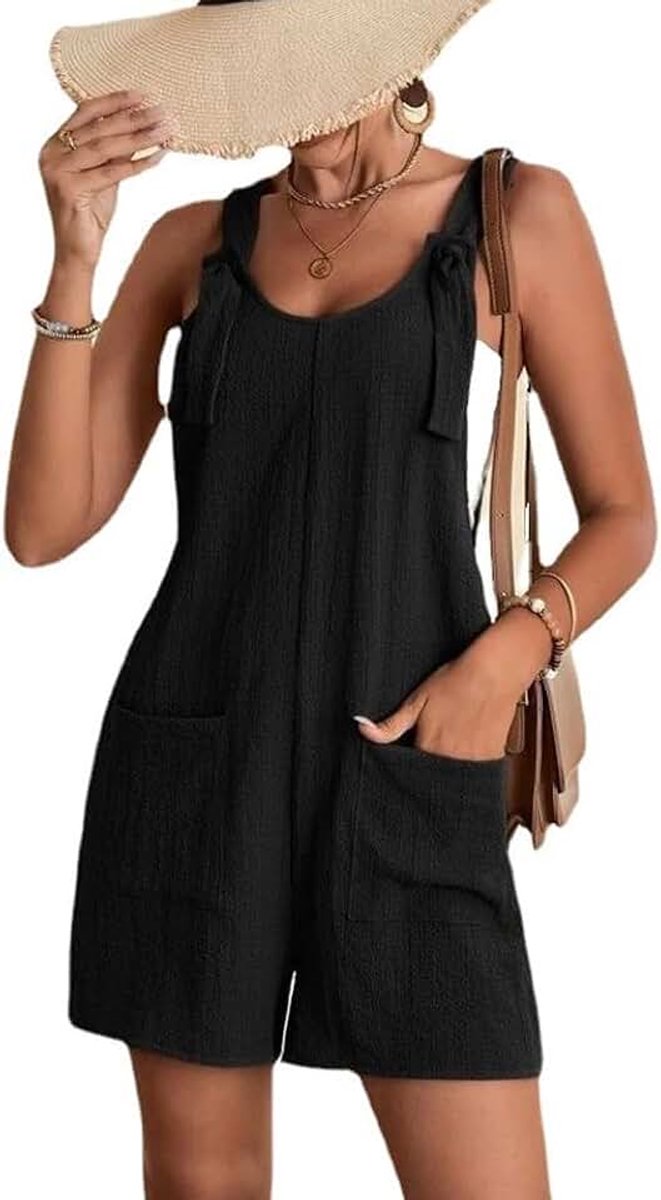 Jumpsuit voor dames, kort, breed, zomer, elegant, jumpsuit, zwart, jumpsuits met zakken, effen, casual, wijde pijpen, romper