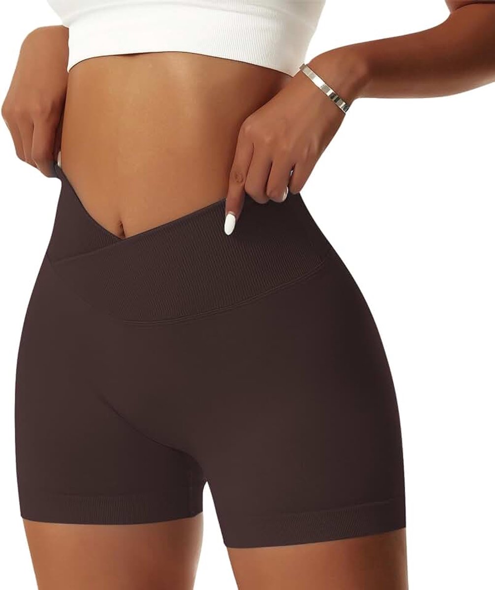 Shorts voor dames, V-hals, cross, stretch, push-up, yoga, shorts, booty, scrunch, fitnessbroek, kort, hoge taille, naadloos, work-out, sportshorts, butt lift, korte leggings, zomer